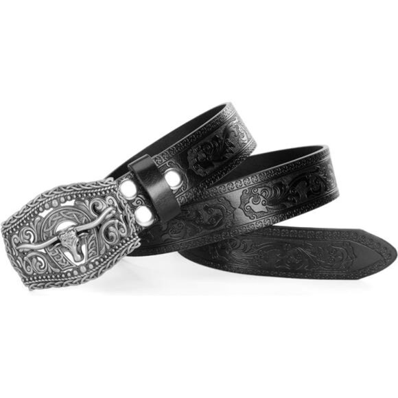 Western Cowboy Leather Belt Men Women Floral Engraved Buckle Jeans Adjustable - Picture 2 of 8